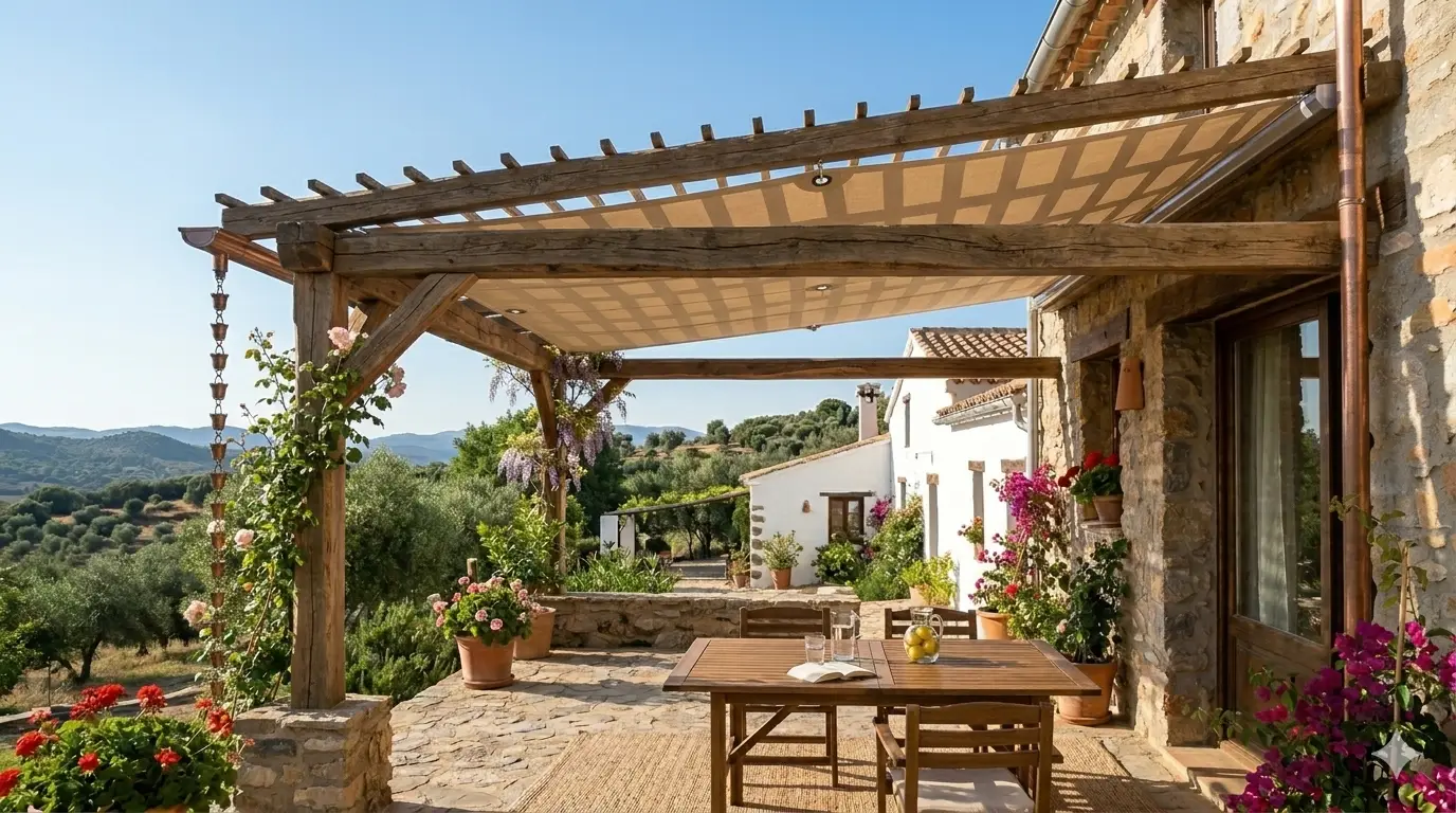 pérgola rústica de madera de lateral en patio de campo rústico