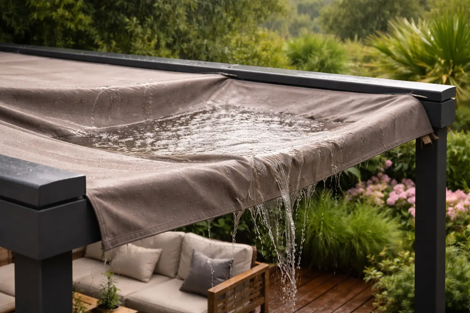vista lateral de una pérgola con estructura oscura y lona taupe retráctil acumulando agua de lluvia, con el agua desbordando por el borde sobre una terraza con jardín